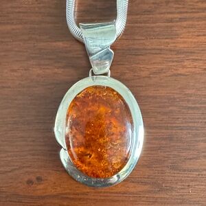 Large Sterling Silver Amber Pendant Necklace - Deep Cognac Amber